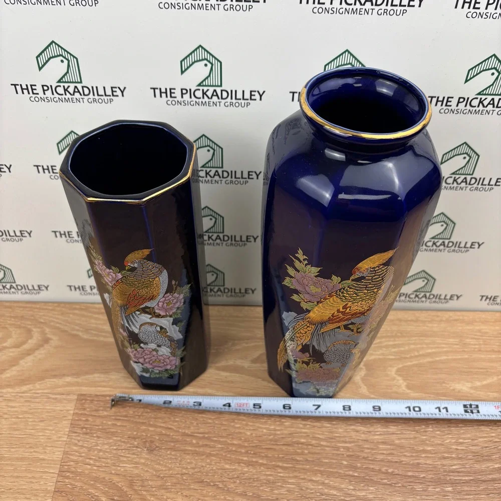 Vintage Japanese Cobalt Blue Porcelain Vase Set Gold Pheasant Peony 10